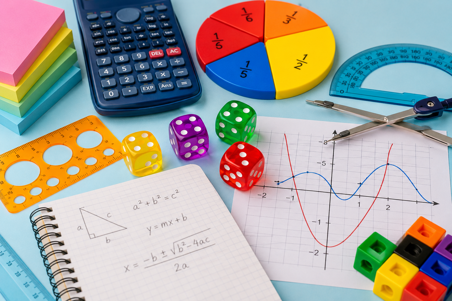 Colorful collage of dice, geometric shapes and graphs representing the MathOs curriculum
