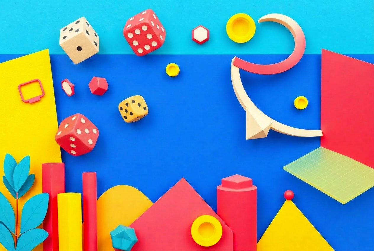Colorful collage of dice, geometric shapes and graphs representing the MathOs curriculum