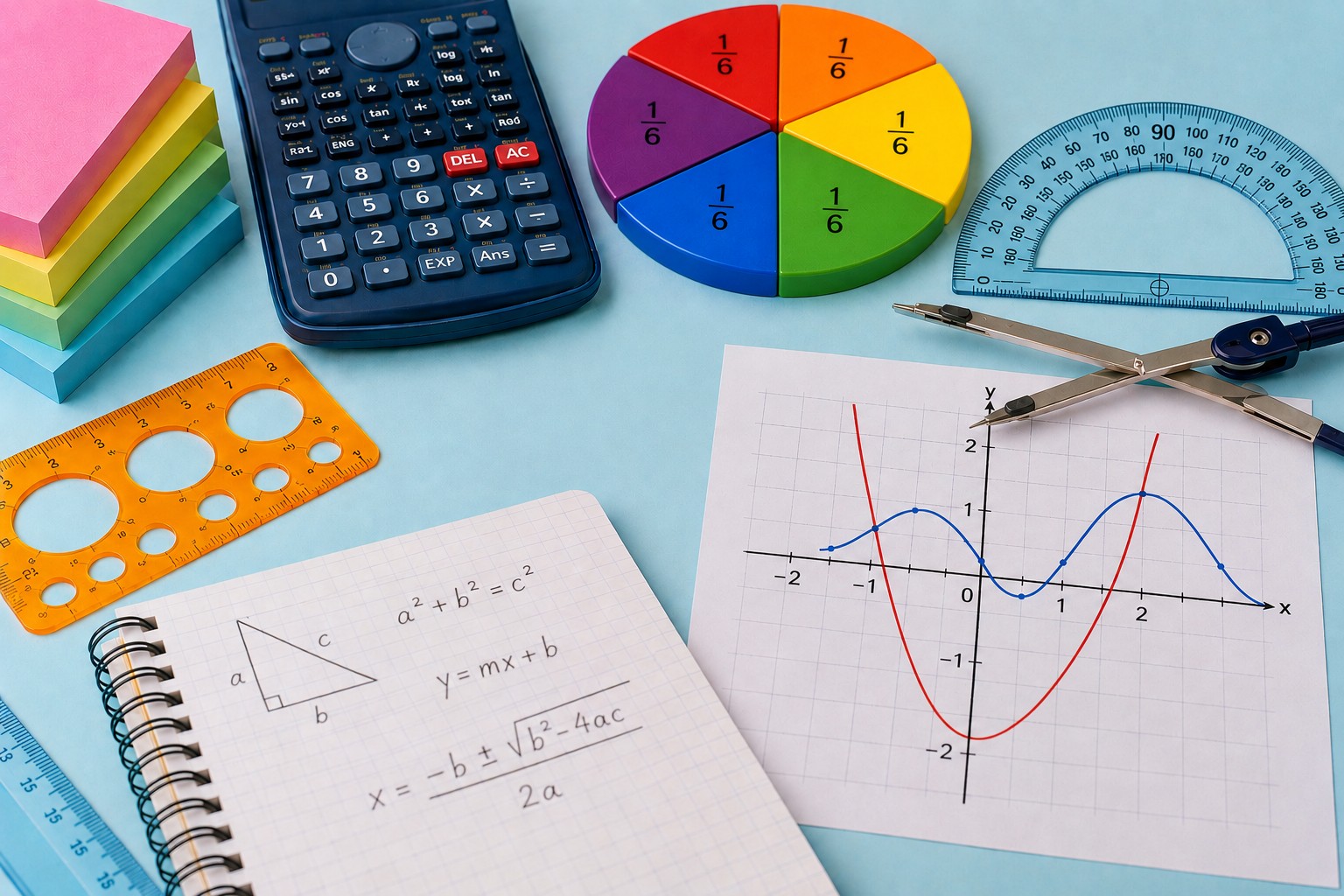 Colorful collage of dice, geometric shapes and graphs representing the MathOs curriculum